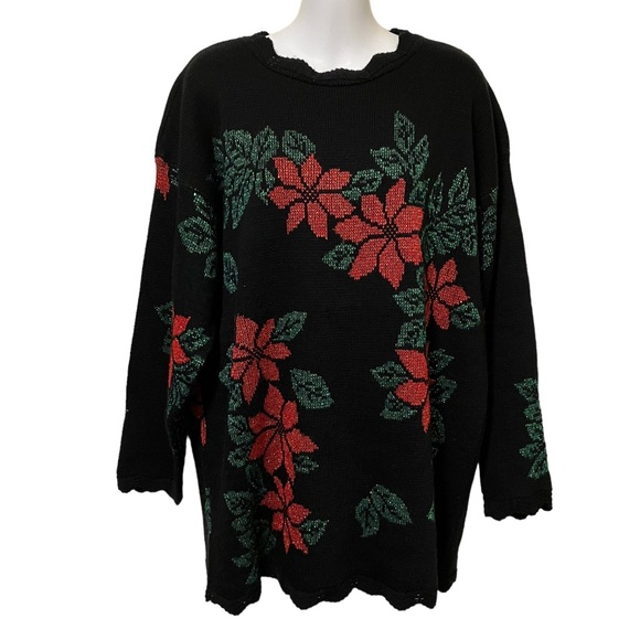 Vintage Holiday Time Metallic Poinsettia Black Christmas Sweater - Picture 1 of 12